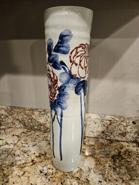 Chinese large hand painted Cylander Vase 20" Tall Red And Blue Spider Mum